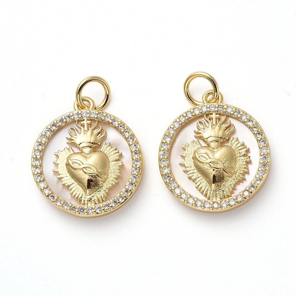 9079 5 pcs Flat Round with Heart Theme Brass Shell Cubic Zirconia Charms